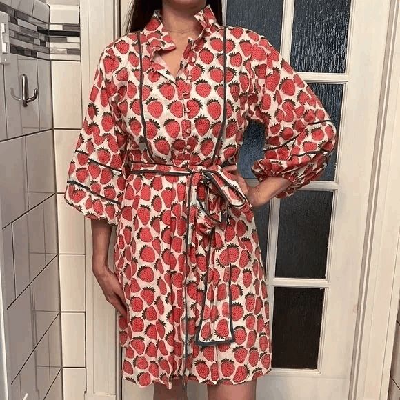 Sue Sartor Red Strawberry Print Paloma Flounce Long Sleeve Mini Dress Women's